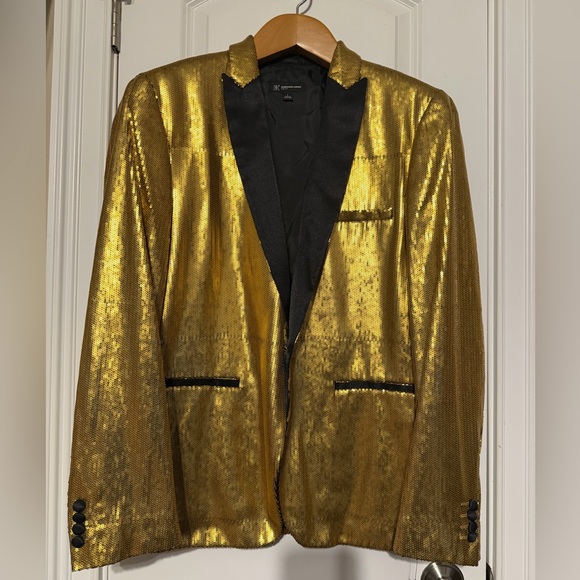 INC International Concepts Gold Sequin Blazer with Black Satin Trim Sz L New